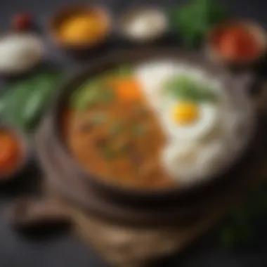 An elegant presentation of a traditional dal dish served with rice and fresh vegetables.