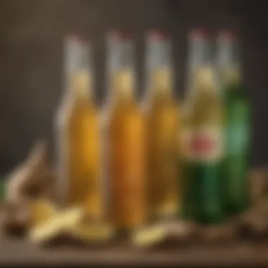 An array of fresh ginger roots and ginger ale bottles