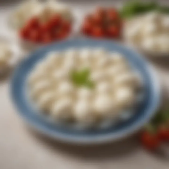 A vibrant display of various mozzarella types arranged on a platter