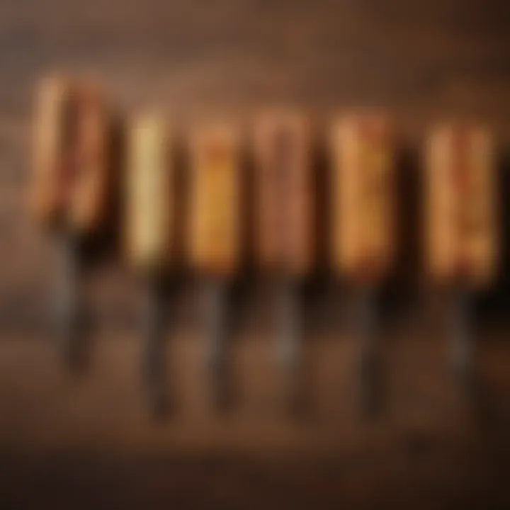 Different styles of hot dog roasting forks displayed on a wooden table