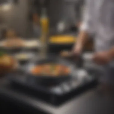 Diverse culinary tasks being performed using an induction cooktop