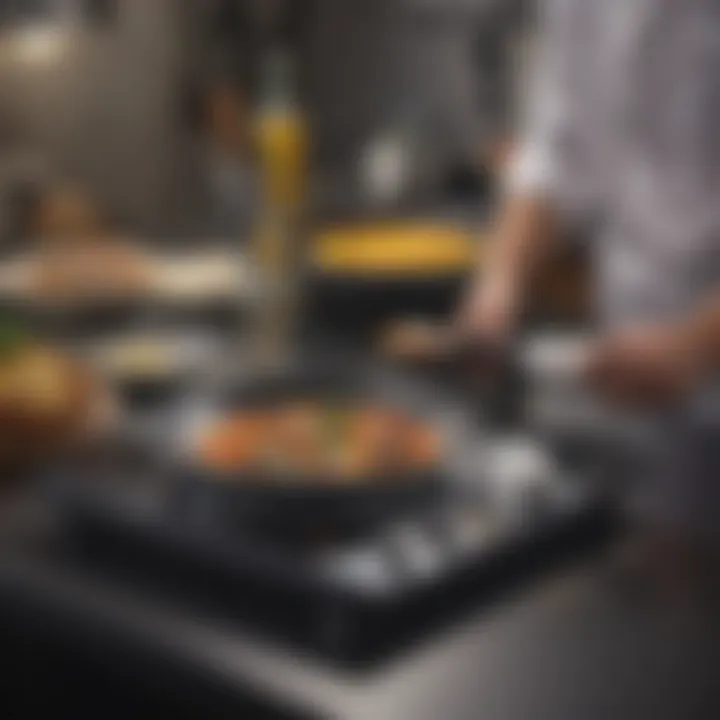 Diverse culinary tasks being performed using an induction cooktop