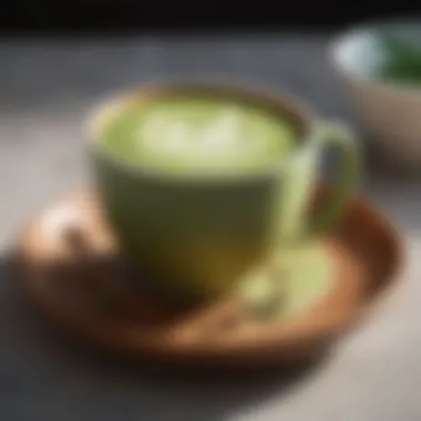 Smooth matcha latte art in a fine ceramic cup