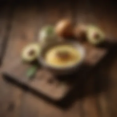 Healthy fats displayed on a rustic wooden table