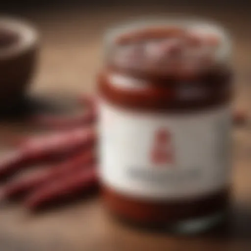 A traditional jar of Sichuan chili bean paste showcasing its rich color and texture.