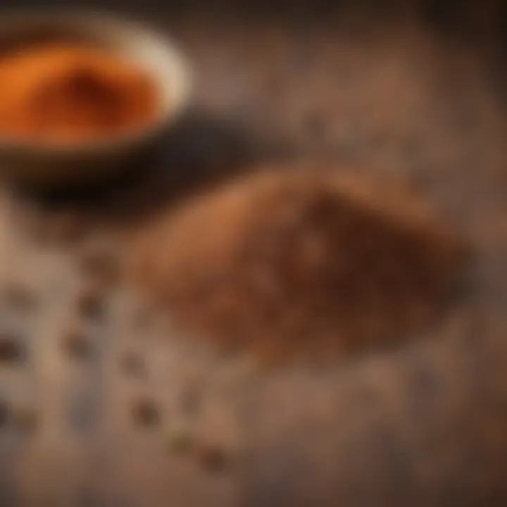 Close-up of cumin seeds and chili powder on a wooden surface