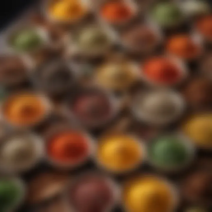 Colorful display of dried herbs and spices in small bowls