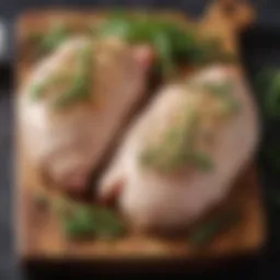 Raw chicken breasts displayed on a cutting board with herbs