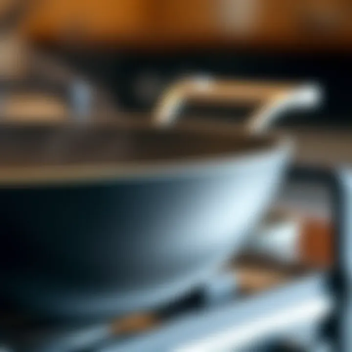 Close-up of wok features such as handles and coatings