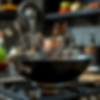 A well-maintained wok with care tips displayed