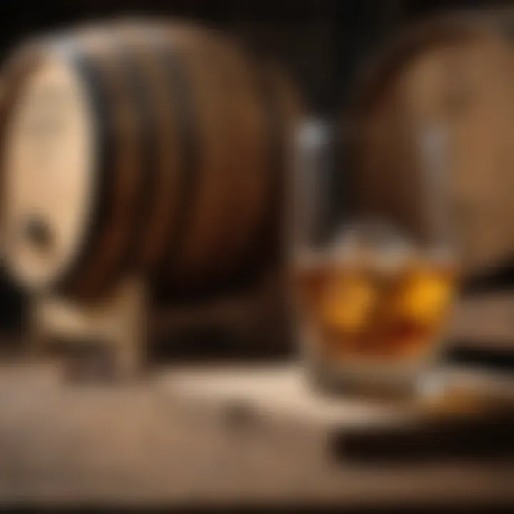 A dram of whisky on a wooden table, set against a backdrop of whisky barrels.