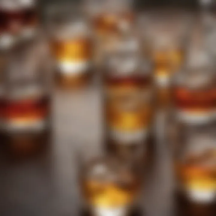 An assortment of whisky glasses showcasing different whisky color variations.