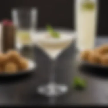 A close-up of a white cosmopolitan cocktail served in a sophisticated setting, paired with gourmet appetizers.