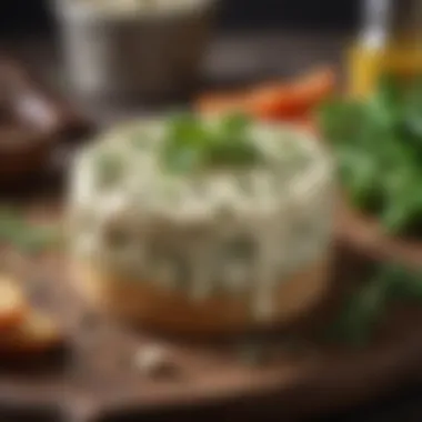 Close-up of creamy, spreadable veggie cheese with herbs