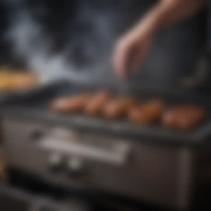 A user adjusting the settings on an auto feed electric smoker