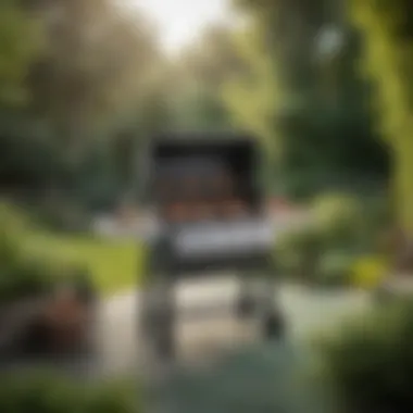 A stylish gas grill on a beautiful deck surrounded by greenery