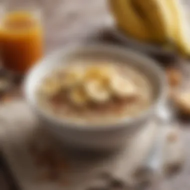 A hearty quinoa porridge garnished with slices of banana and a drizzle of maple syrup