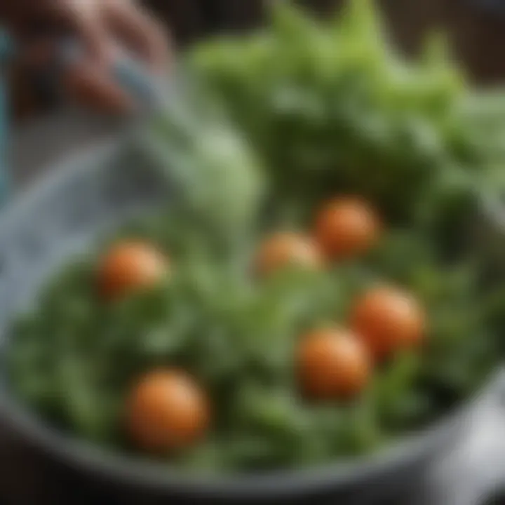 Close-up of a vegetable spinner basket in action with fresh greens inside