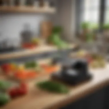 A neatly organized kitchen countertop featuring a veggie slicer alongside fresh ingredients and recipe books.