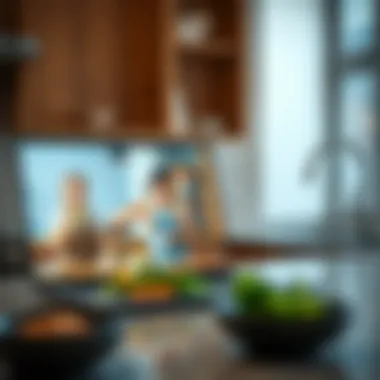 A laptop displaying a virtual cooking class on a kitchen counter