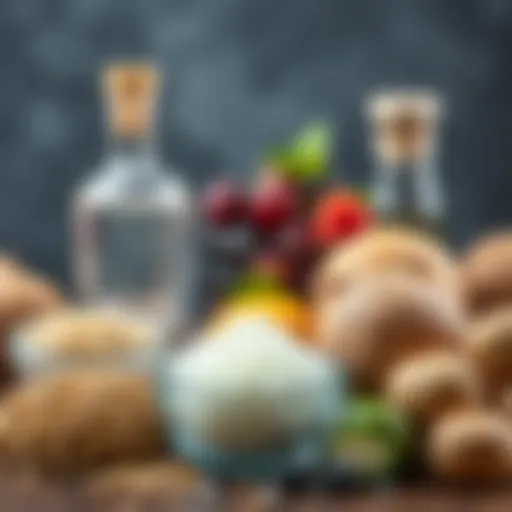 Diverse Ingredients Used in Vodka Production A selection of vodka ingredients showcasing grains, fruits, and potatoes