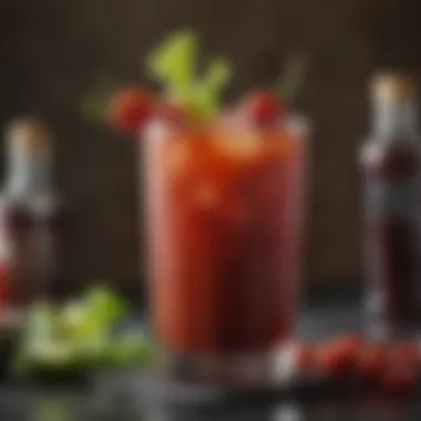 A close-up of a glass of Bloody Mary highlighting the rich color and texture of the mix.