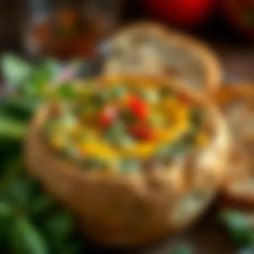 A richly layered warm spinach dip in a rustic bread bowl, garnished with herbs.