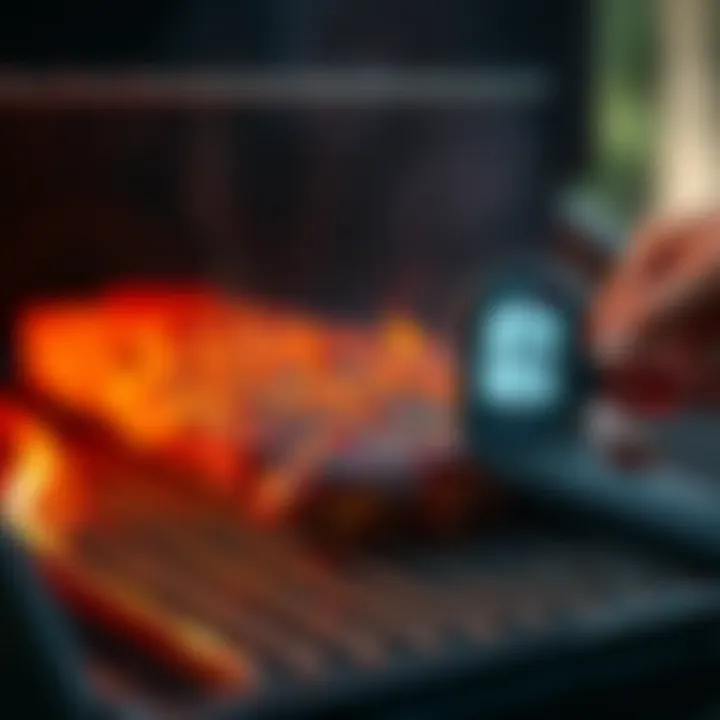 Grill with perfectly cooked meat monitored by thermometer