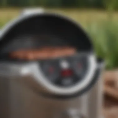 Close-up of the temperature gauge and vents on the Weber Smokey Mountain Cooker, emphasizing precision.