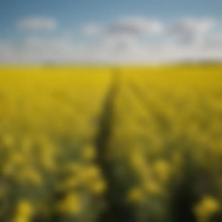 A close-up view of blooming canola fields under a bright blue sky