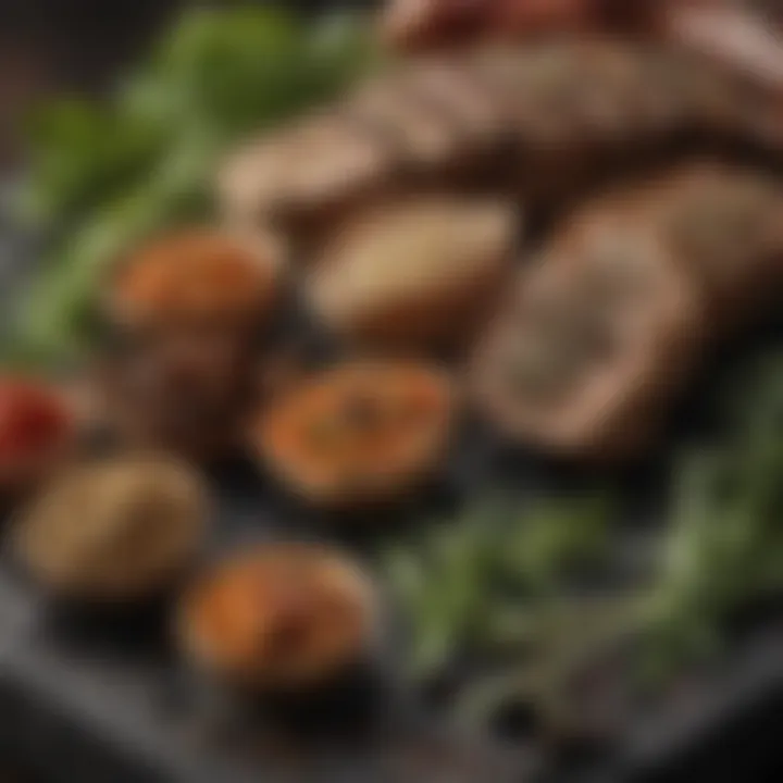 A close-up of aromatic herbs and spices arranged to enhance grilled meats.