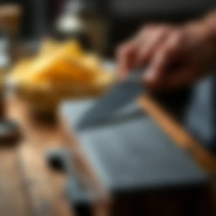 Close-up of a whetstone with a knife being sharpened