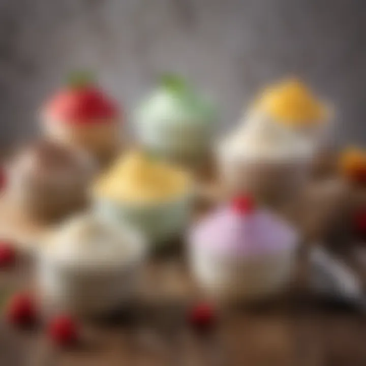 A selection of flavored whipped creams in small bowls, showcasing different colors and textures.