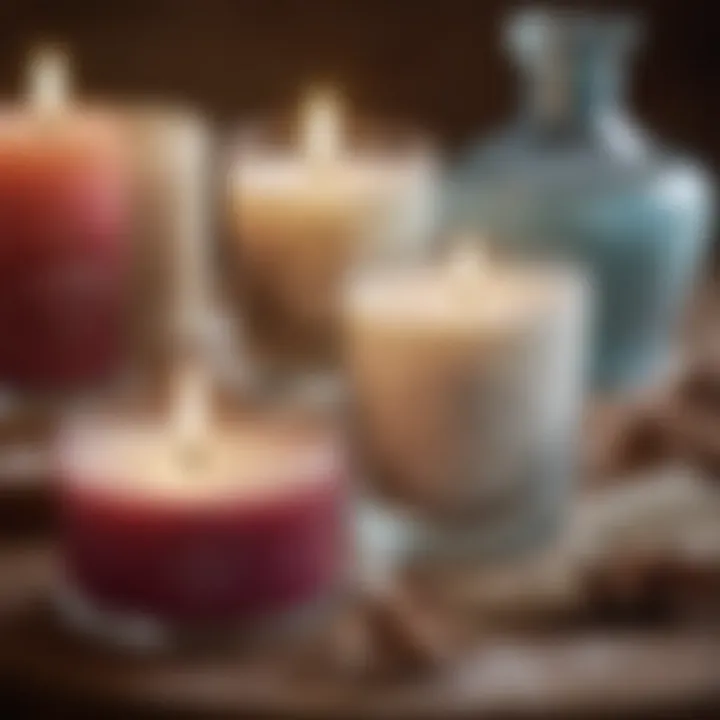 Close-up of winter-inspired candles and lotions