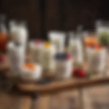 A selection of low-sugar yogurts displayed on a wooden table.