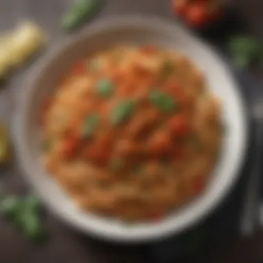 A delicious and hearty vegan pasta dish topped with fresh herbs and tomato sauce